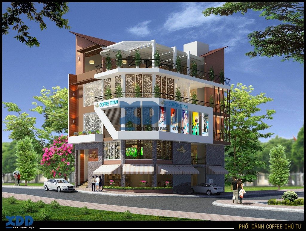 Thiết kế nhà phố 5 tầng 2 mặt tiền kinh doanh quán cafe bida